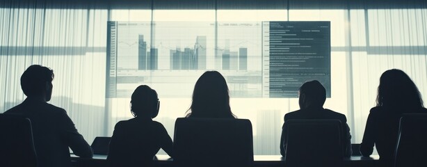 Poster - Silhouetted figures in a meeting room observing data on a large screen.