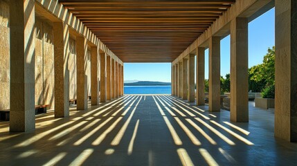 Leinwandbilder - A serene architectural space with columns and a view of water, emphasizing light and shadow.