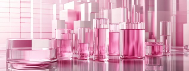 Aufkleber - Abstract arrangement of pink glass containers reflecting light in a modern setting.