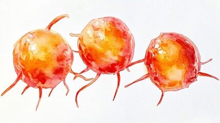 A Watercolor Painting of Three Orange and Red Cells on a White Background