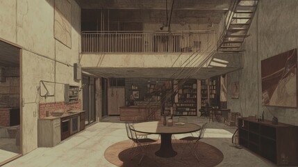 Fototapete - A spacious, modern interior featuring a dining area, kitchen, and bookshelves.