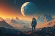 © Images from Dreams - Astronaut stands on a rocky cliff edge, gazing at a massive, earth-like planet dominating the sky above a vast, desolate landscape bathed in the warm hues of a setting sun