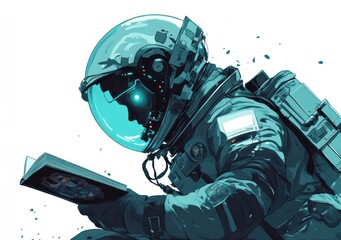 Poster - An astronaut reading a book, immersed in a cosmic environment.