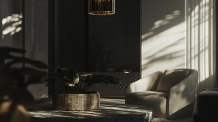 Aufkleber - A serene interior space featuring soft lighting, plants, and modern furniture.