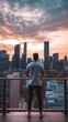 © Cloudyew - Man Standing on Balcony Overlooking Modern City Skyline at Sunset