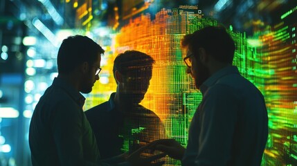 Leinwandbilder - Two professionals discussing data insights in a high-tech environment with vibrant visuals.