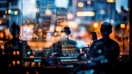 Leinwandbilder - A group of individuals working with technology in a modern, illuminated environment.