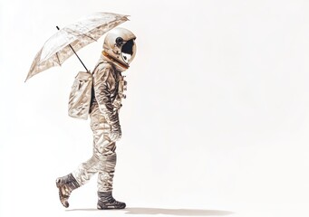 Aufkleber - An astronaut walks with an umbrella, blending space exploration with everyday life.