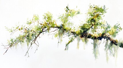 watercolor painting of a lush green tree branch with delicate hanging moss