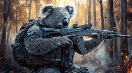 Poster - A stylized koala in military attire, holding a firearm in a forest setting.