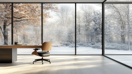 Leinwandbilder - A modern office with a view of a snowy landscape through large glass windows.