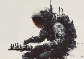 Aufkleber - An astronaut plays chess in a surreal, artistic portrayal of space and strategy.