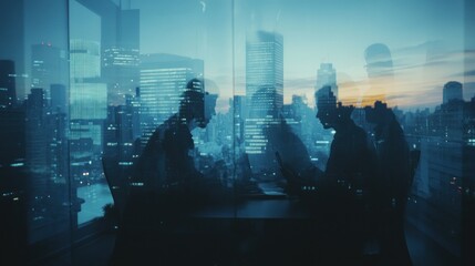 Poster - A group of professionals engaged in a meeting with a city skyline backdrop at dusk.