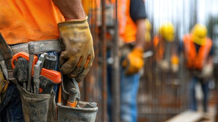 Fototapete - a construction worker using tools, such as a drill or hammer, with a focus on their gloved hands and safety equipment.