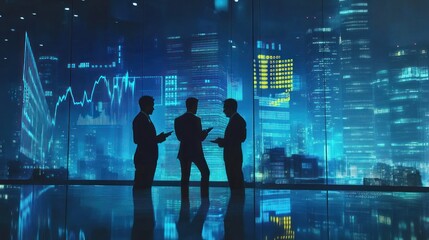 Poster - Silhouetted figures discussing in front of a city skyline with digital data overlays.
