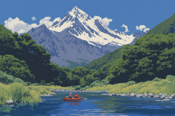 Wall Mural - A man and a woman are paddling a boat down a river in a lush green valley