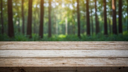 Wall Mural - Rustic wood board mockup table surface with outdoor forest trees background
