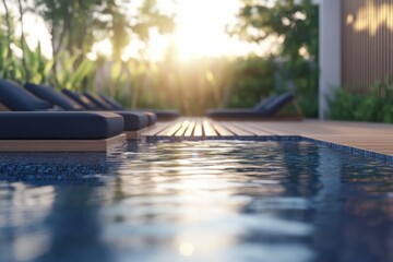 Poster - A tranquil poolside scene with lounge chairs and a serene sunset ambiance.