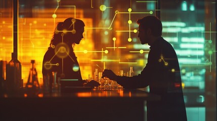 Poster - Silhouettes of two individuals engaged in conversation, with a digital overlay of abstract elements.