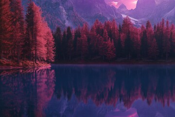 Poster - Serene landscape with vibrant pink trees reflecting on a calm lake surrounded by mountains.