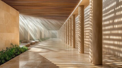 Leinwandbilder - A serene corridor with beams of light filtering through, highlighting architectural details.