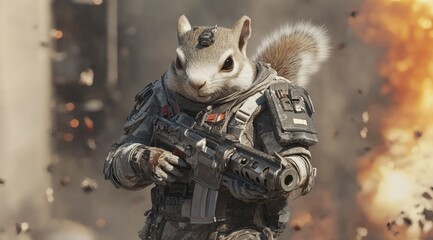 Poster - A cartoon squirrel in military gear holding a weapon amidst an explosion.