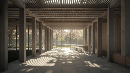 Aufkleber - A serene architectural space with wooden beams and natural light filtering through.