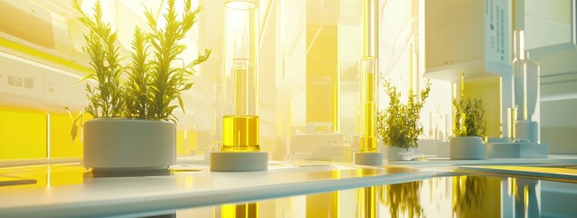 Poster - A bright laboratory setting with plants and yellow liquid in glass containers.