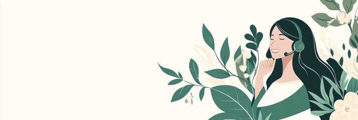 Aufkleber - A woman with a headset surrounded by leaves and flowers, suggesting communication and support.