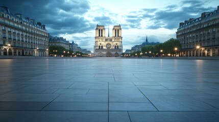 Poster - A serene view of a historic cathedral at dawn, surrounded by empty streets and soft lighting.