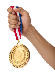 Fototapete - hand holding up a gold medal for champion, victory or winner concept. on a transparent background with a clipping path	
