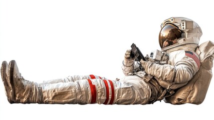 Poster - An astronaut reclining while using a device, showcasing space exploration and technology.
