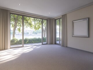 Aufkleber - A bright, empty room with large windows overlooking greenery and a blank wall for decoration.