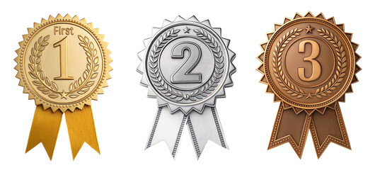 Fototapete - Set of three badges for first three winners . Gold, silver and bronze badges. isolated on transparent background with a clipping path	
