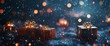 © Ace64 Studio - 3D rendering of a Christmas background with gift boxes and bokeh lights. New Year celebration concept banner design. Christmas gifts on a dark blue background with glowing light particles.