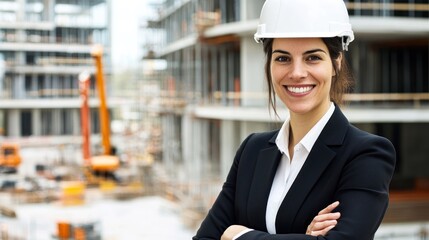 Aufkleber - A confident woman in a suit and hard hat smiles at a construction site.