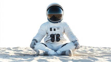 Poster - An astronaut meditating on a sandy surface against a bright, featureless background.