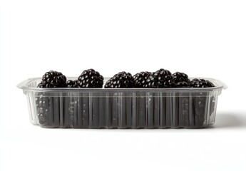 Sticker - A clear plastic container filled with fresh blackberries on a white background.