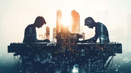 Aufkleber - Two silhouetted figures at synthesizers against a city skyline, symbolizing creativity and technology.