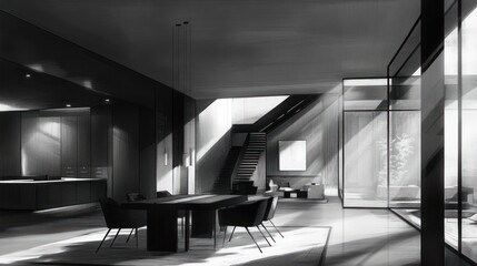 Aufkleber - A modern, minimalist interior with natural light and sleek furnishings.