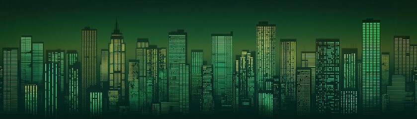 Sticker - A vibrant city skyline in shades of green, showcasing tall buildings and a modern urban landscape.