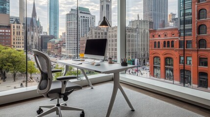 Aufkleber - Modern office space with a city view, featuring a desk, chair, and computer.