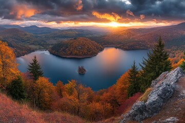 Fototapete - A stunning autumn landscape showcasing a tranquil lake surrounded by colorful foliage.