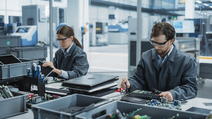 Leinwandbilder - Caucasian Male And Female Workers Taking Apart Old Laptops To Recycle Electronic Components For Printed Circuit Board Production At Electronics Factory. Employees Unscrewing and Sorting Computer Parts
