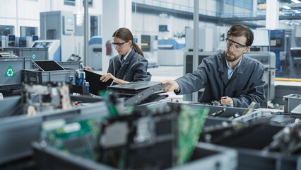 Leinwandbilder - Caucasian Male And Female Employees Taking Apart Old Laptops To Recycle Components For Sustainable Production Of Electronic Devices At Electronics Factory. People Unscrewing and Sorting Computer Parts