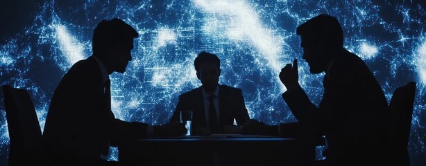 Aufkleber - Three silhouettes in a discussion against a digital backdrop, suggesting a strategic meeting.