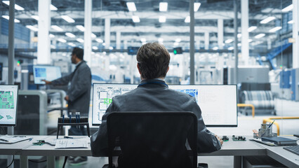 Aufkleber - Backview Of Caucasian Male Industrial Engineer Working on Desktop Computer in Factory Office. Man Creating Innovative Motherboard with Powerful Microchips for an Artificial Intelligence Systems.