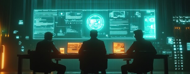 Aufkleber - A group of individuals monitoring data on futuristic screens in a high-tech environment.