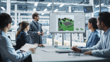 Poster - Electronics Factory Office Meeting: Caucasian Head Of Engineering Presenting Motherboard For Powerful Microchips On TV Set. Diverse Managers And Technicians Listening and Planning Production Process.