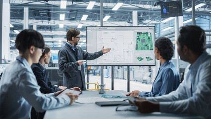 Poster - Electronics Factory Office Meeting: Caucasian Head Of Engineering Presenting Motherboard For Powerful Microchips On TV Set. Diverse Managers And Technicians Listening, Planning Production Process.